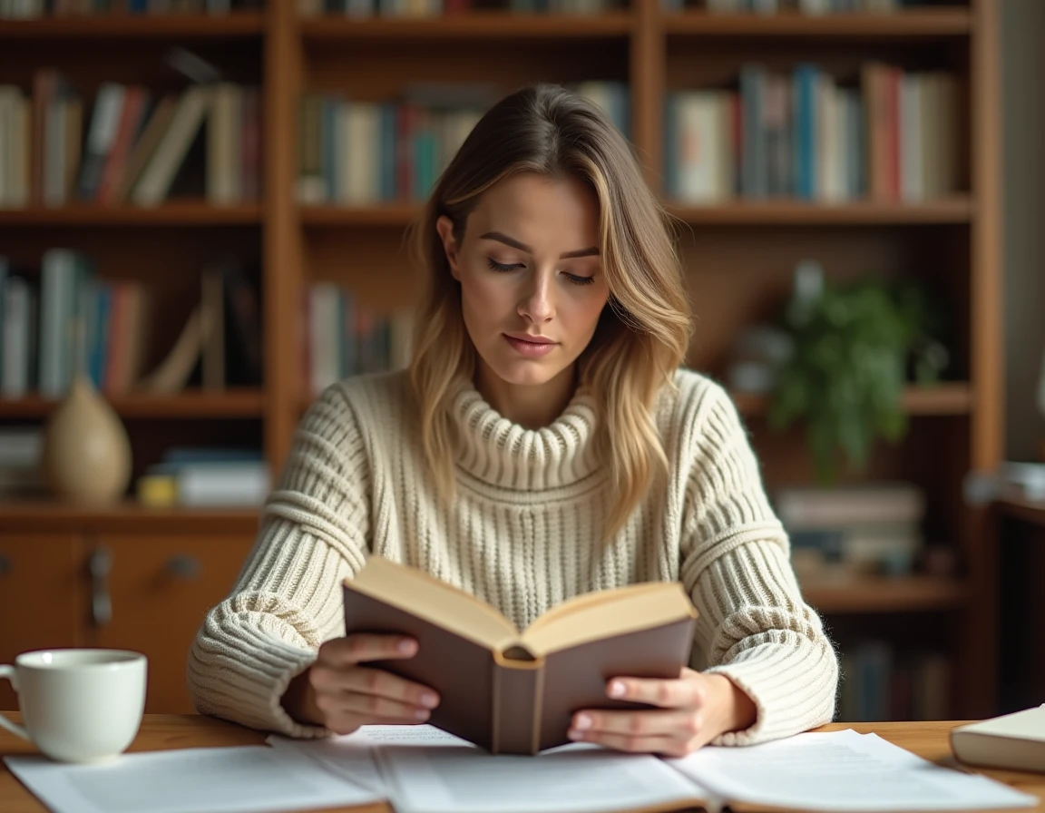 Femme tenant un livre broché fait maison dans un bureau chaleureux entouré de pages manuscrites et d'étagères remplies de livres