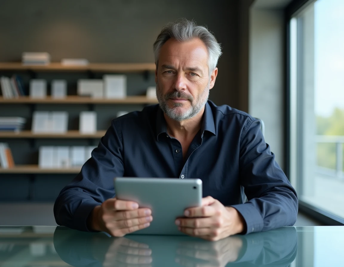 Homme consultant la mise en page d'un livre numérique sur tablette dans un espace de travail contemporain minimaliste