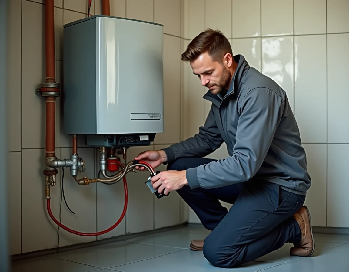 Technicien Electr'eau Ohm SM raccordant un chauffe-eau électrique dans une chaufferie résidentielle