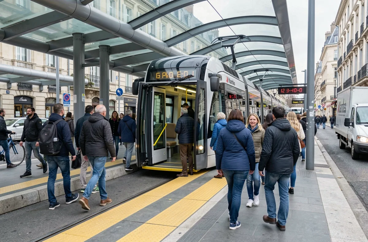 Passagers embarquant dans le tramway ligne 2 de Nantes à l'heure de pointe avec portes automatiques et accès plancher bas