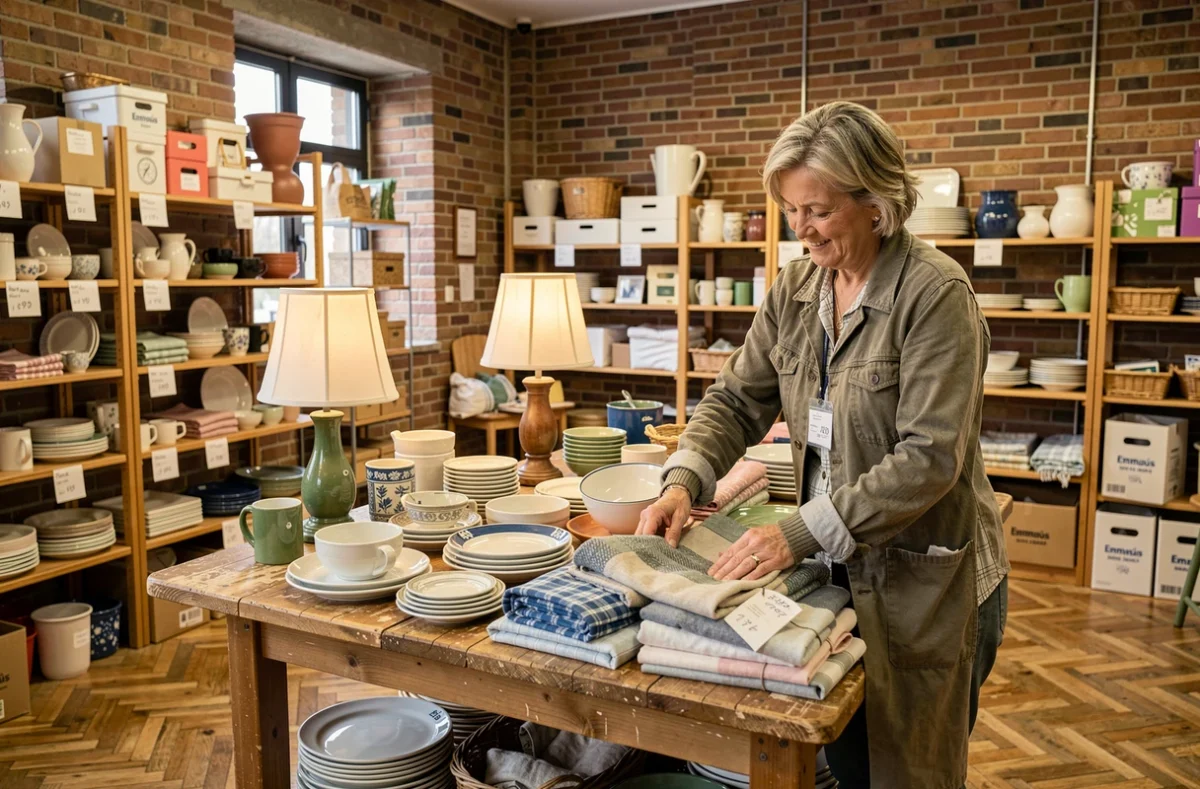 Bénévole d'Emmaüs Pas-de-Calais triant des objets donnés sur une table dans une boutique de réemploi en brique