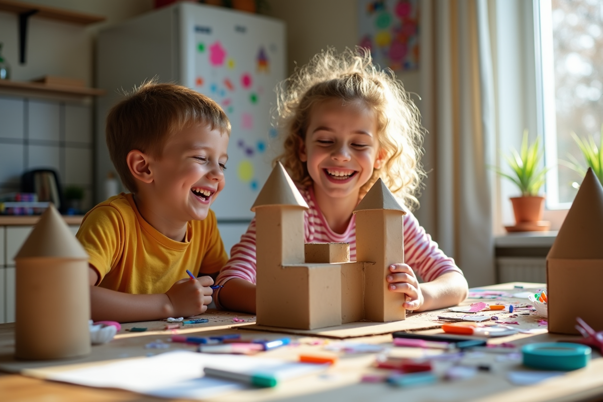 Deux enfants construisant un château en carton dans une cuisine lumineuse