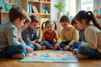 Enfants jouant à un jeu coopératif dans une classe colorée