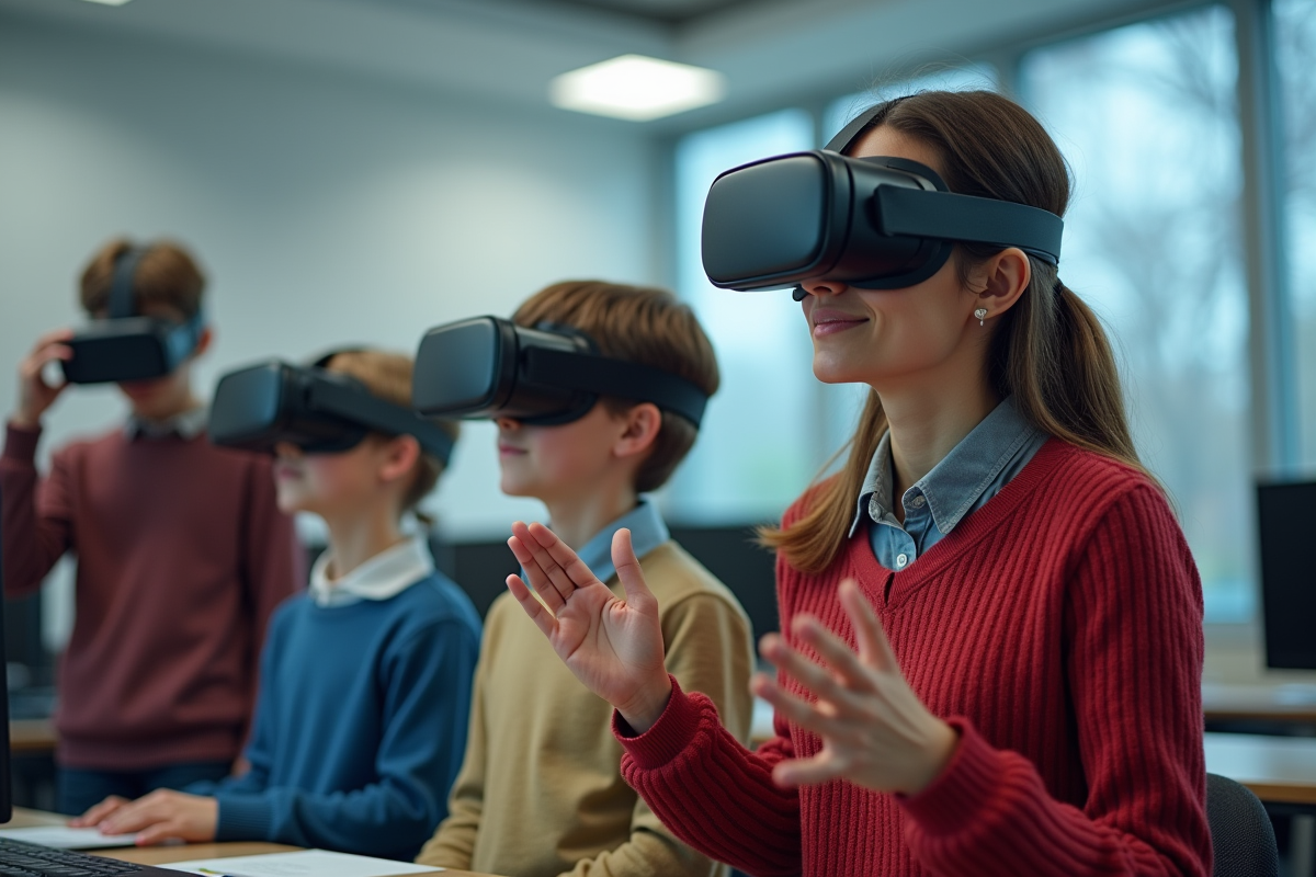 Professeure guidant des élèves avec casques VR dans un laboratoire technologique