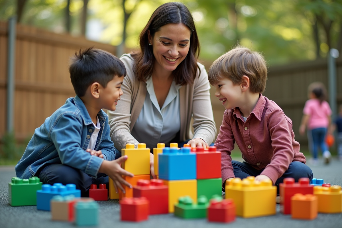 Enseignante aidant des enfants à construire avec des blocs dehors