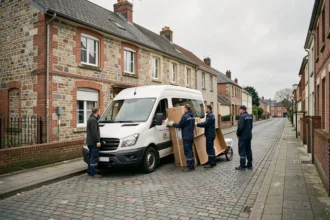 Équipe professionnelle de débarras chargeant des meubles dans un camion devant une maison en brique du Pas-de-Calais