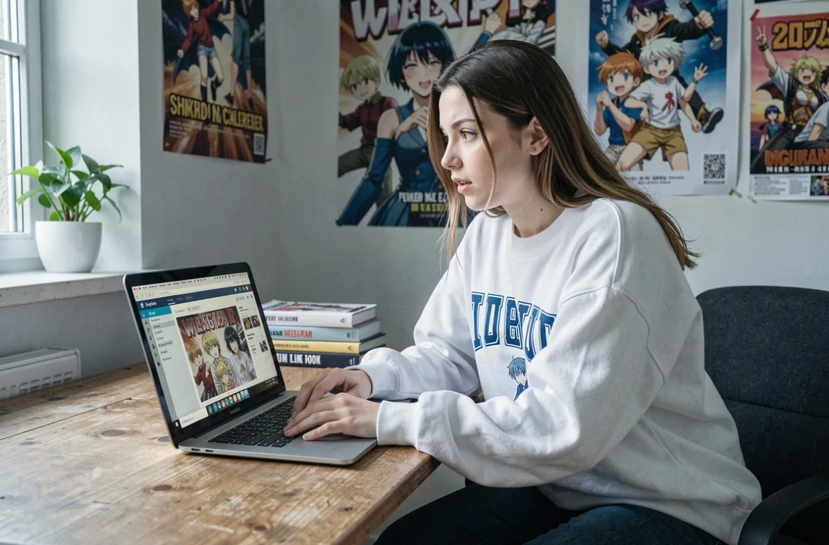 Étudiante lisant un manga en ligne sur ordinateur portable dans une chambre sans pub