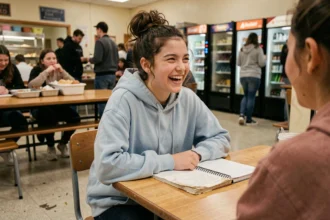 Jeune collégienne qui rit et parle avec une amie dans une cafétéria scolaire, carnet ouvert devant elle, ambiance naturelle et authentique