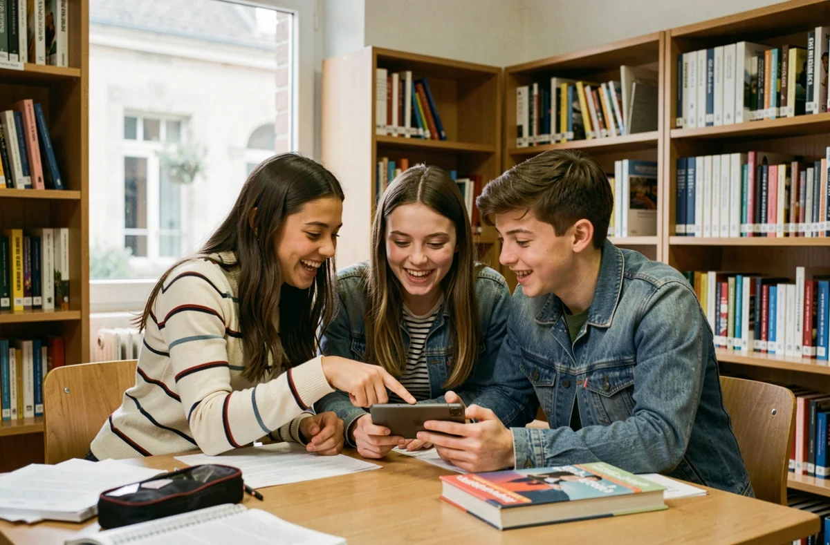 Groupe de trois adolescents regardant un smartphone ensemble dans une bibliothèque scolaire, expression naturelle et dynamique de groupe