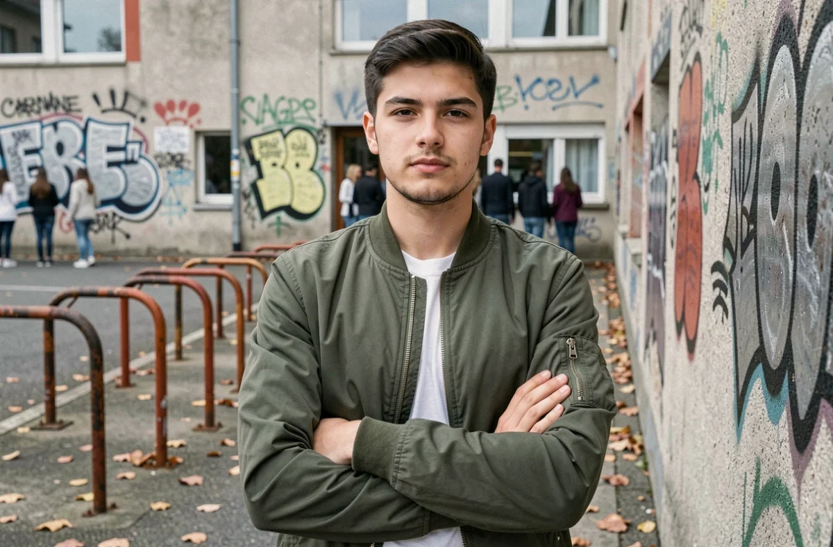 Lycéen confiant debout devant un mur de graffitis dans une cour d'école, regard direct à l'objectif, style urbain authentique
