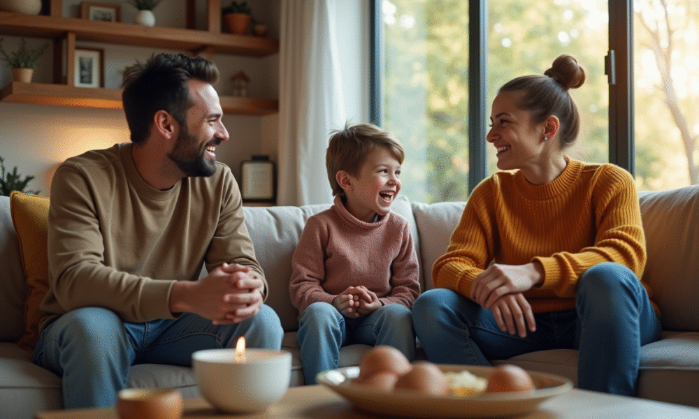 Famille moderne assise dans un salon lumineux et convivial