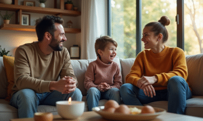 Famille moderne assise dans un salon lumineux et convivial