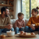 Famille moderne assise dans un salon lumineux et convivial