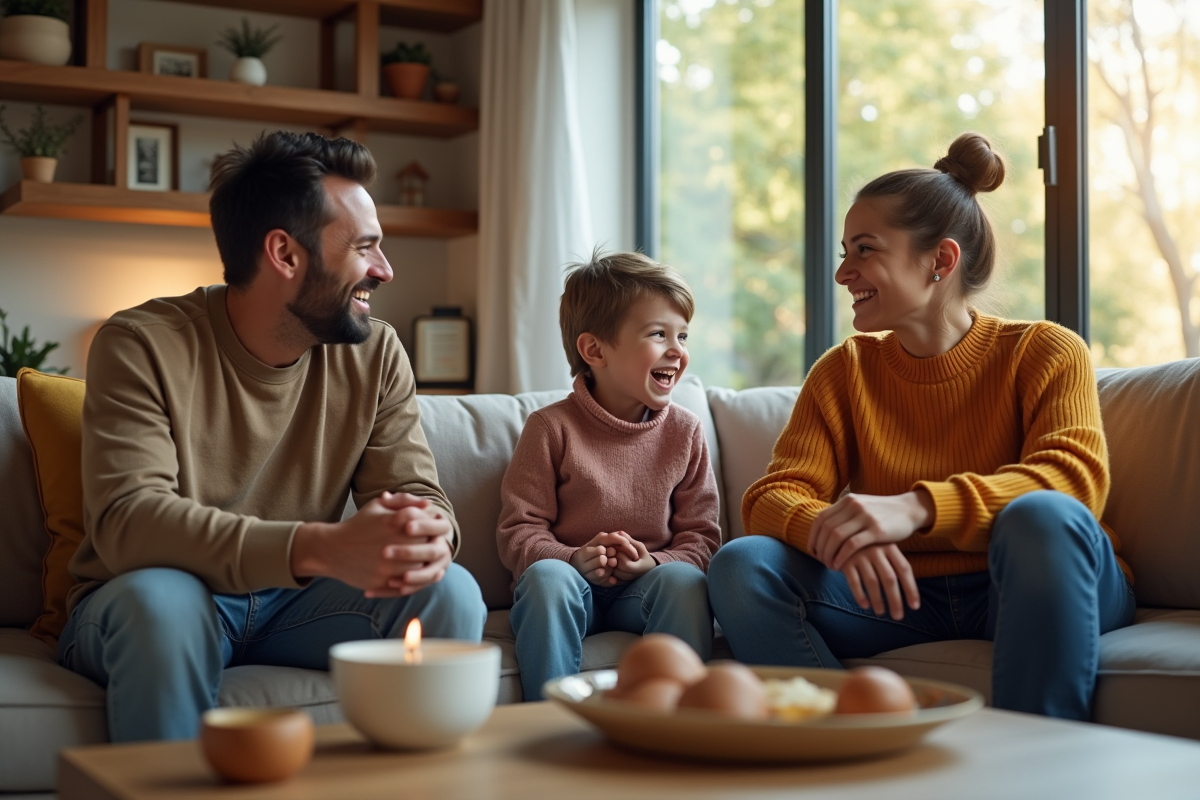 Famille moderne assise dans un salon lumineux et convivial