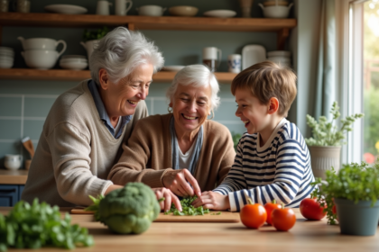Trois générations de famille française partageant un moment en cuisine