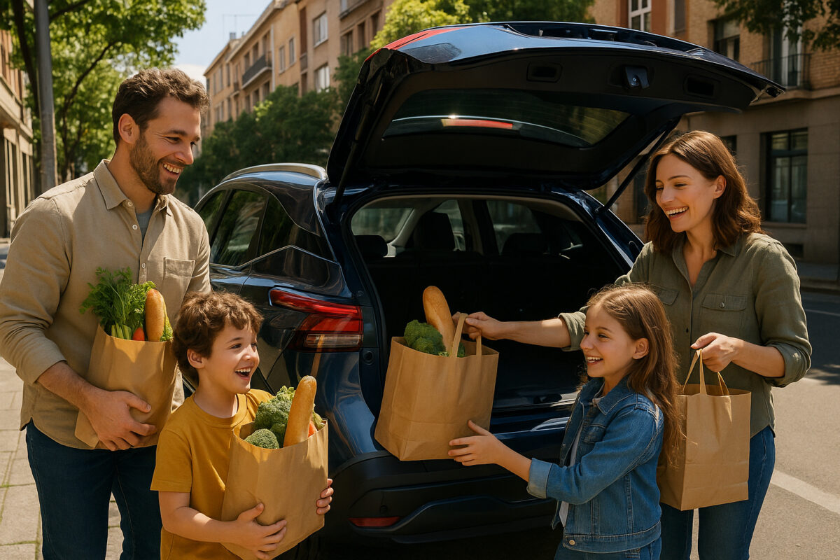 Famille heureuse chargeant courses dans une Nissan Qashqai en ville