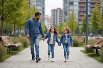 Jeune famille souriante dans un parc urbain en famille