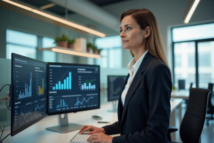 Femme d'affaires regardant des graphiques IA sur un moniteur