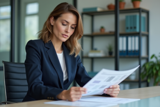 Femme d affaires en costume bleu examine un organigramme