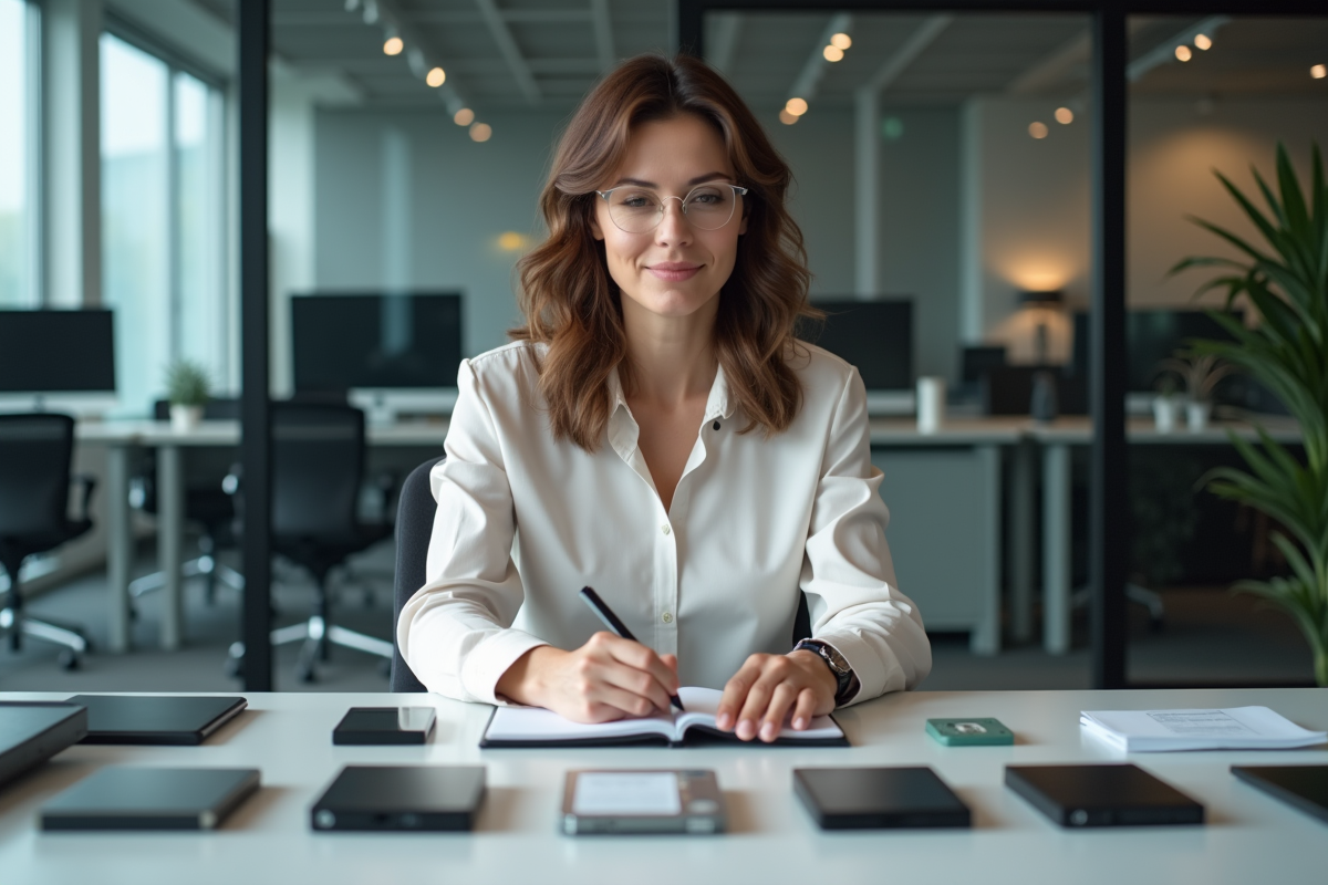 Femme d affaires analysant des disques de stockage