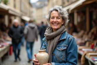 Femme souriante avec vase en céramique lors d'une brocante