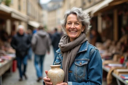 Femme souriante avec vase en céramique lors d'une brocante
