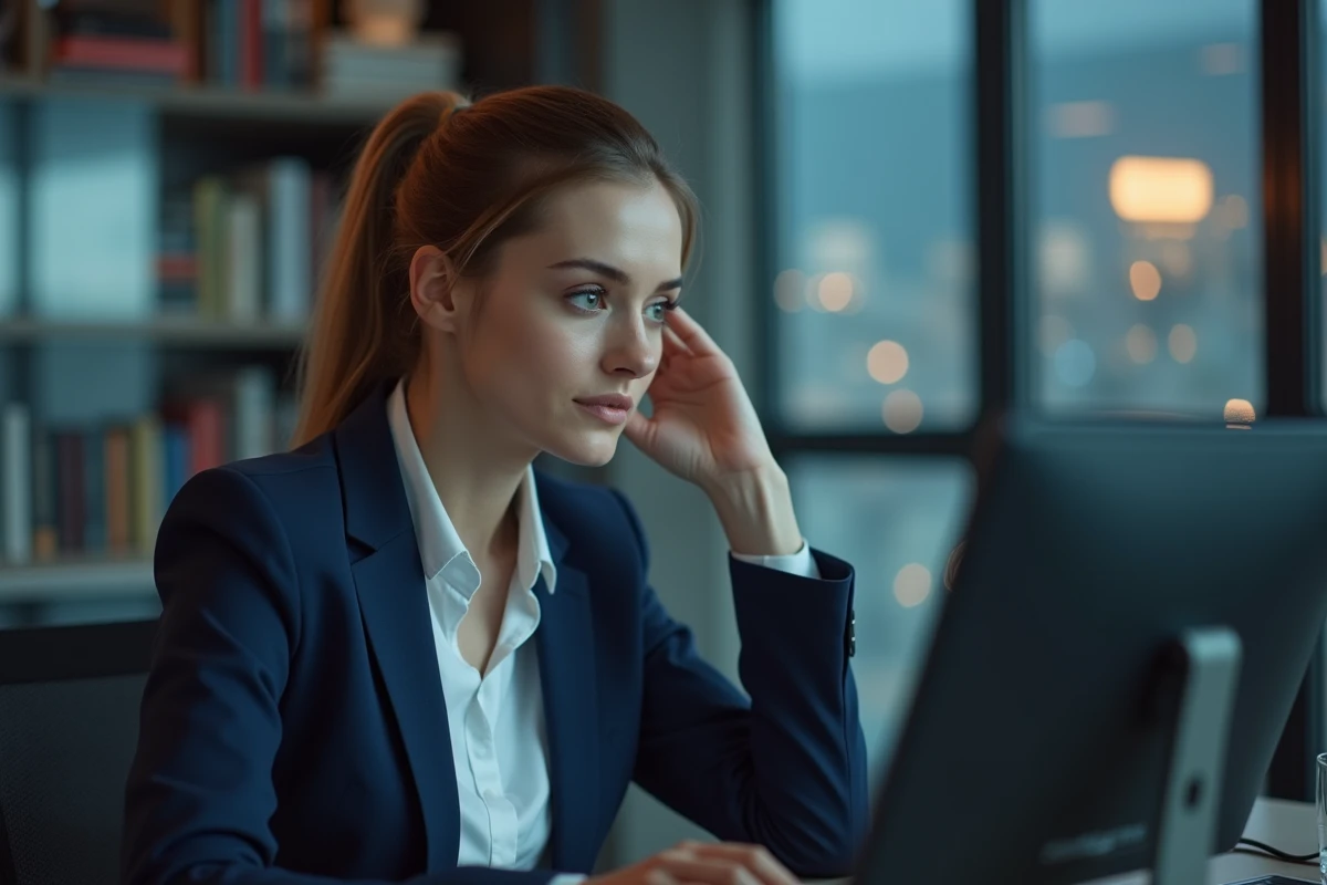 Femme en costume dans un bureau moderne regardant l'écran