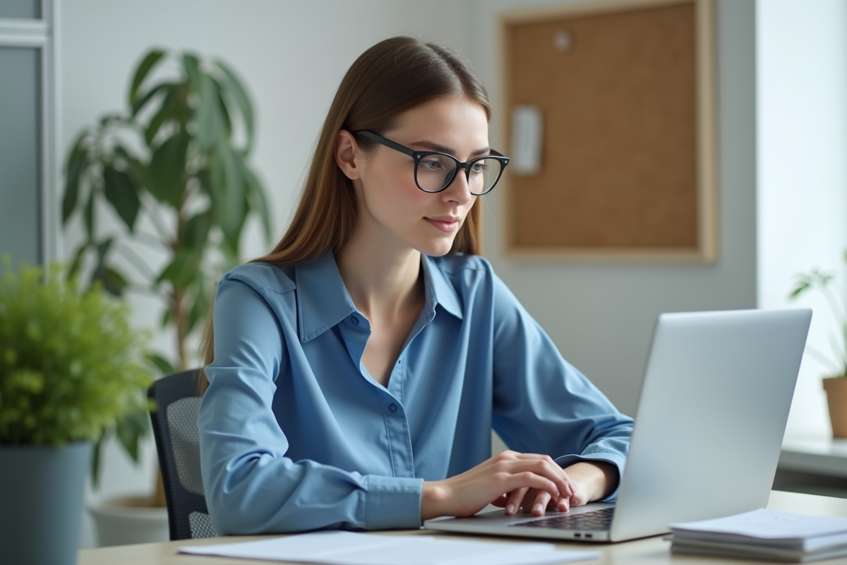 Femme en blouse bleue travaillant sur un ordinateur portable