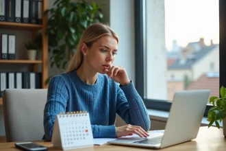 Jeune femme au bureau regardant son planning