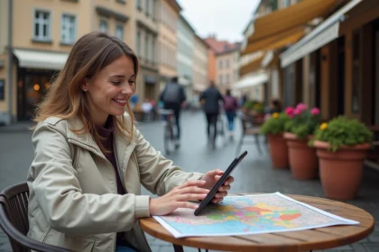 Femme souriante étudie une carte interactive d'Allemagne