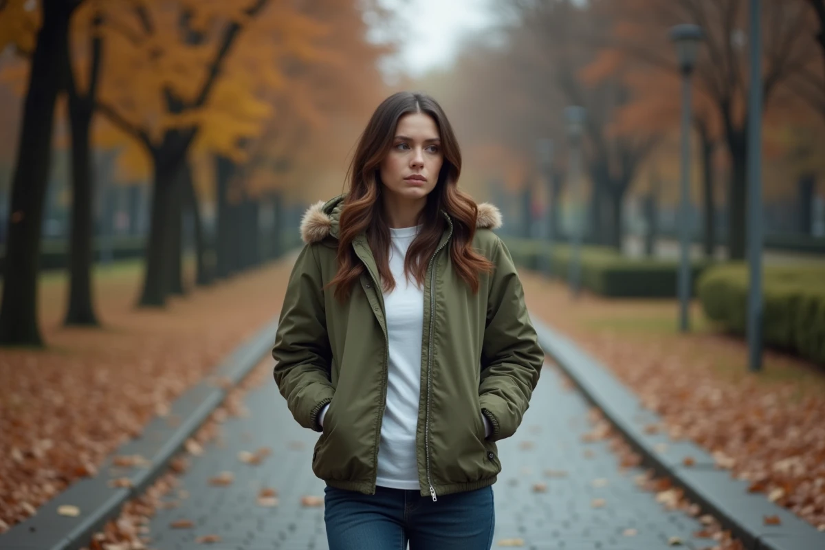 Femme hésitant à un carrefour symétrique dans un parc urbain en automne, métaphore visuelle du paradoxe de l'âne de Buridan