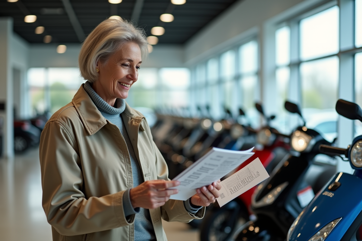 Femme compare brochures de scooters dans un showroom