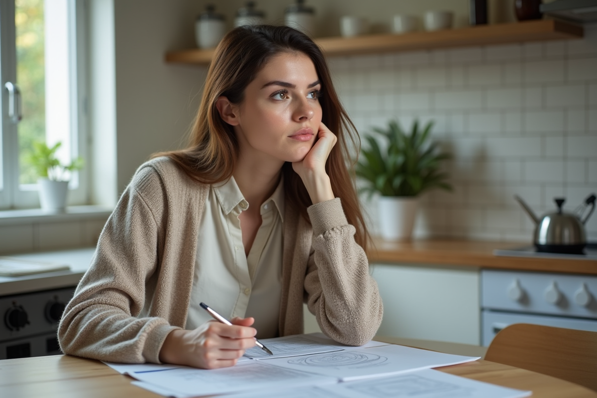 Femme pensive dans une cuisine moderne avec documents