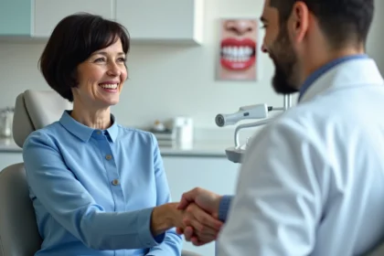 Femme dentaire et patient se serrant la main dans un cabinet moderne