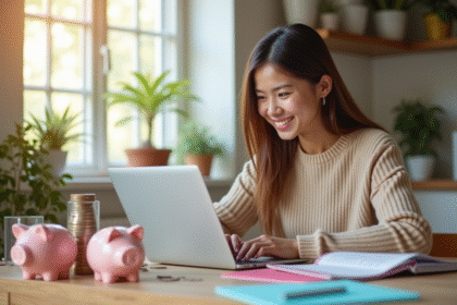 Jeune femme souriante vérifiant ses économies sur un ordinateur