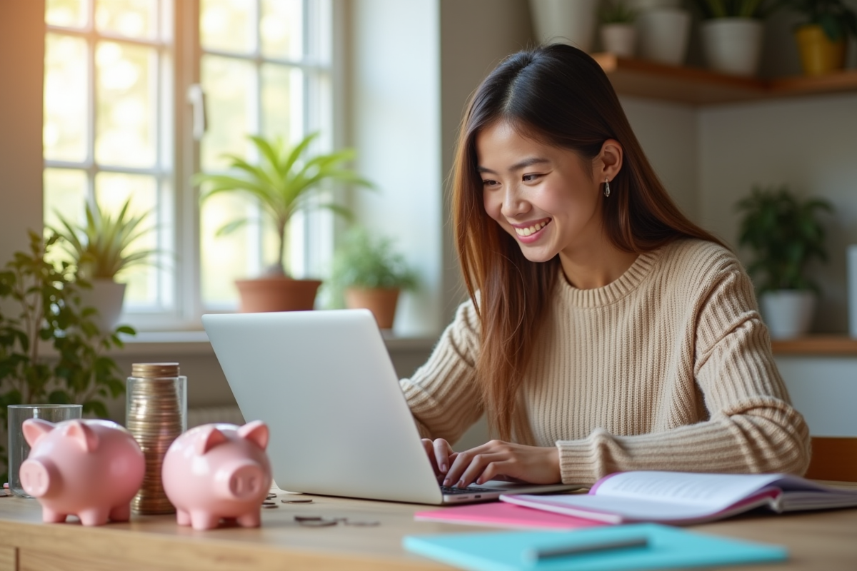 Jeune femme souriante vérifiant ses économies sur un ordinateur