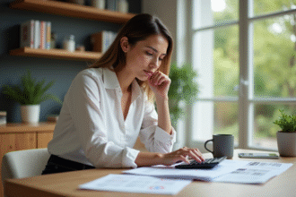 Femme en blouse blanche examine des documents de prêt immobilier