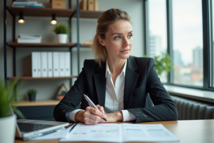 Femme d affaires en réunion financière dans un bureau lumineux