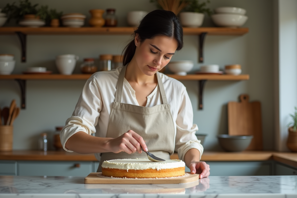 Femme appliquant mascarpone sur un gâteau génoise dans une cuisine chaleureuse
