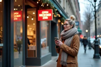 Femme d'hiver dans la ville avec smartphone et décorations