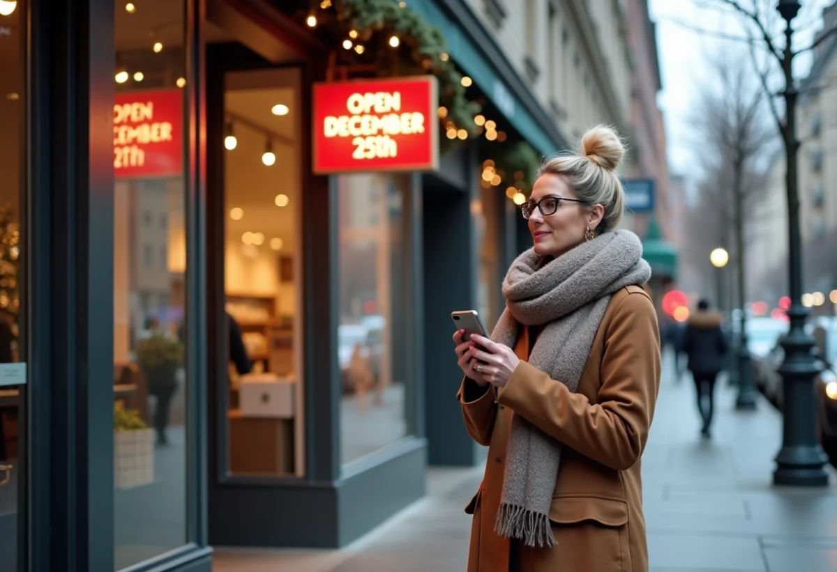 Femme d'hiver dans la ville avec smartphone et décorations