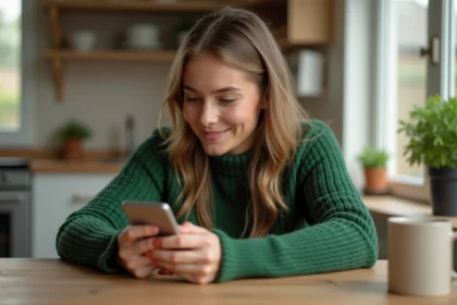 Femme jouant à Hay Day sur smartphone dans la cuisine lumineuse