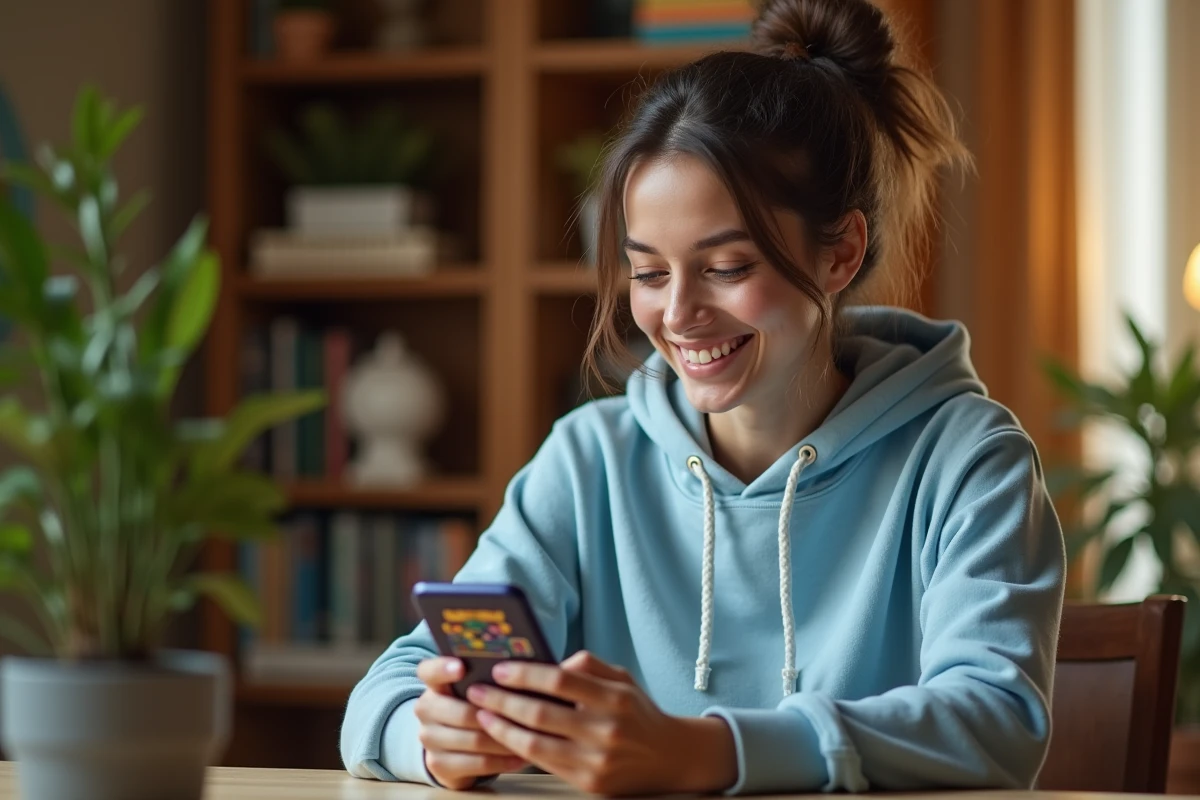 Jeune femme souriante jouant à Coin Master sur son smartphone depuis son bureau à domicile