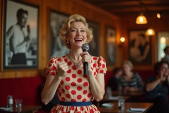 Femme en robe années 60 chantant au karaoké dans un bistrot français décoré de posters vintage