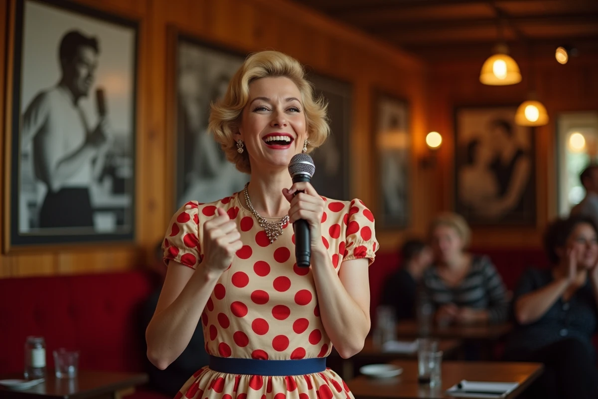 Femme en robe années 60 chantant au karaoké dans un bistrot français décoré de posters vintage
