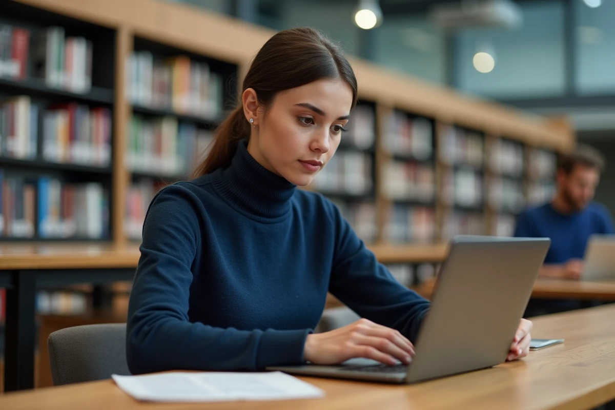 Jeune femme consultant un site de manga en ligne sur un ordinateur portable dans une bibliothèque moderne
