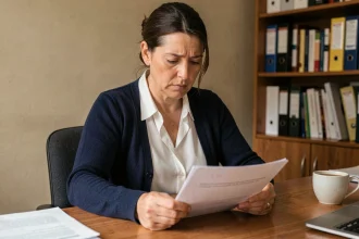 Femme consultant un document administratif pour rédiger une lettre de recours contre un refus de prestation sociale