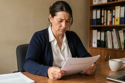 Femme consultant un document administratif pour rédiger une lettre de recours contre un refus de prestation sociale