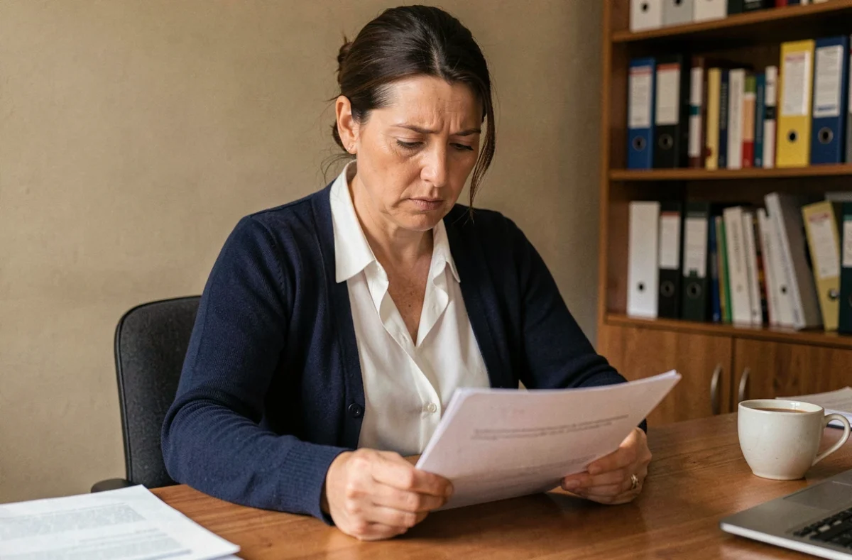 Femme consultant un document administratif pour rédiger une lettre de recours contre un refus de prestation sociale