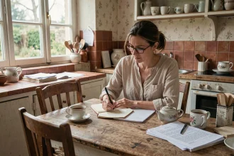 Femme écrivant sa liste de désirs dans un carnet dans une cuisine rustique française, ambiance intimiste et nostalgique